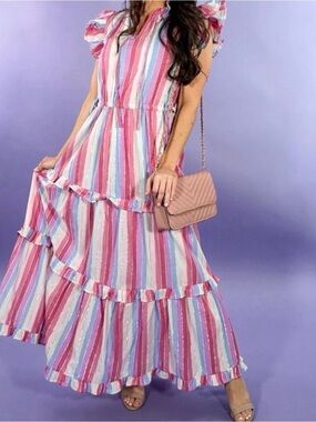 Victoria Dunn Pink, Blue & White Striped Ruffle Tiered Maxi Dress size Large